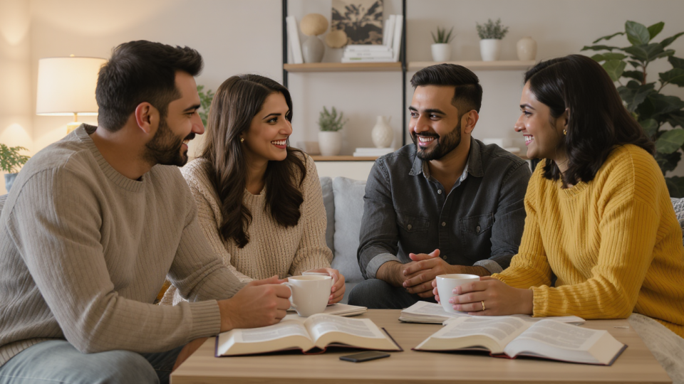 Two faith-filled couples sharing a coffee and conversation centered on God’s Word Two faith-filled couples sharing a coffee and conversation centered on God’s Word