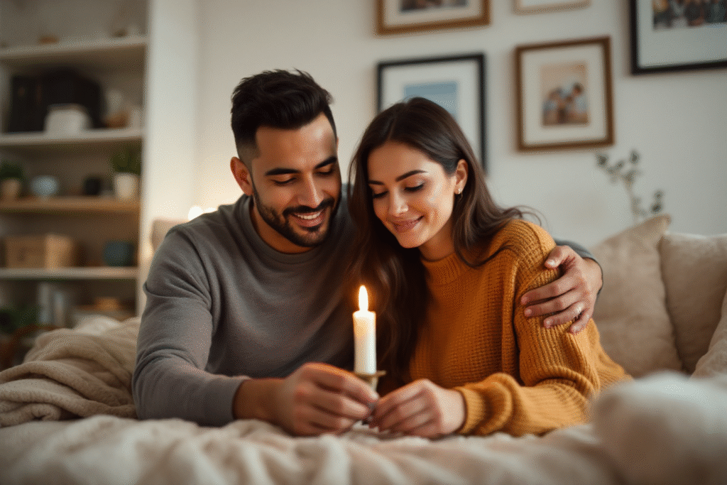 Symbol of enduring love: couple lighting a candle together as a ritual of connection