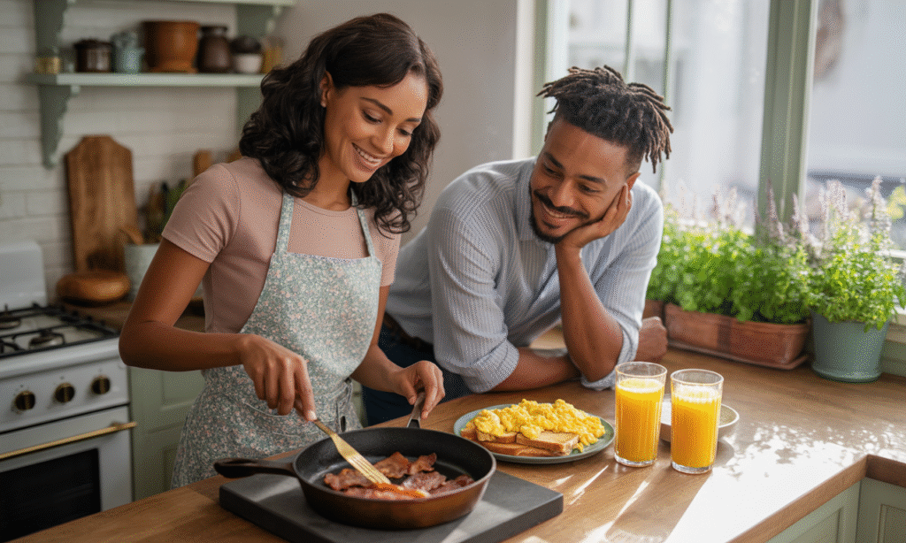  Spouse joyfully serving their partner breakfast as a surprise act of love