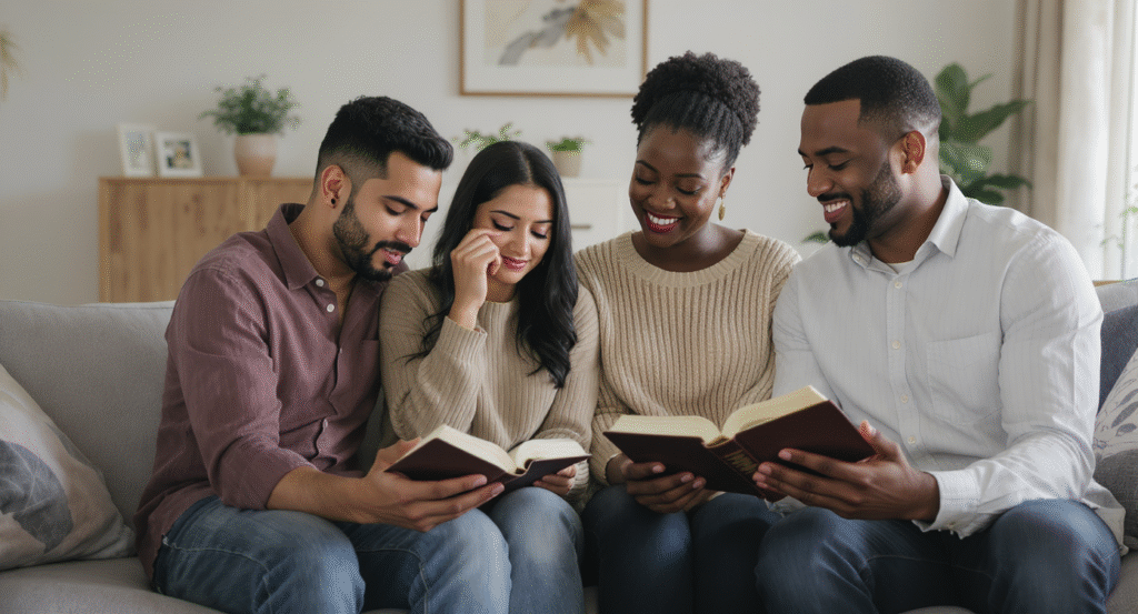 Faith-filled friends comforting a struggling couple through Scripture and prayer
