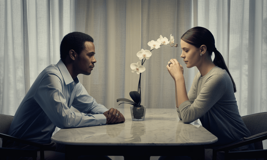 Married couple emotionally distant at dinner, reflecting silent breakdown in relational expectations