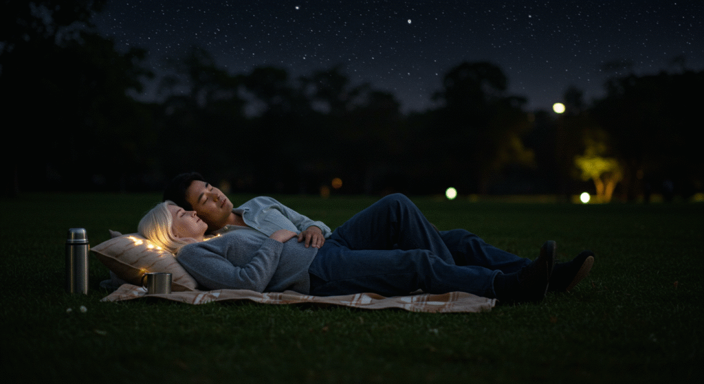 Spouses stargazing together during a meaningful, low-cost date night