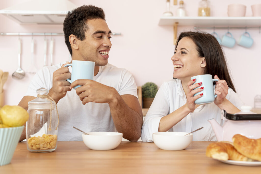 Married couple savoring morning connection as part of their redefined date night habit