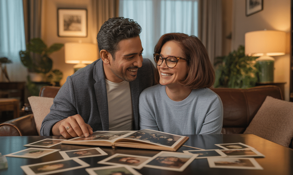 Married couple reconnecting through shared memories during a simple evening