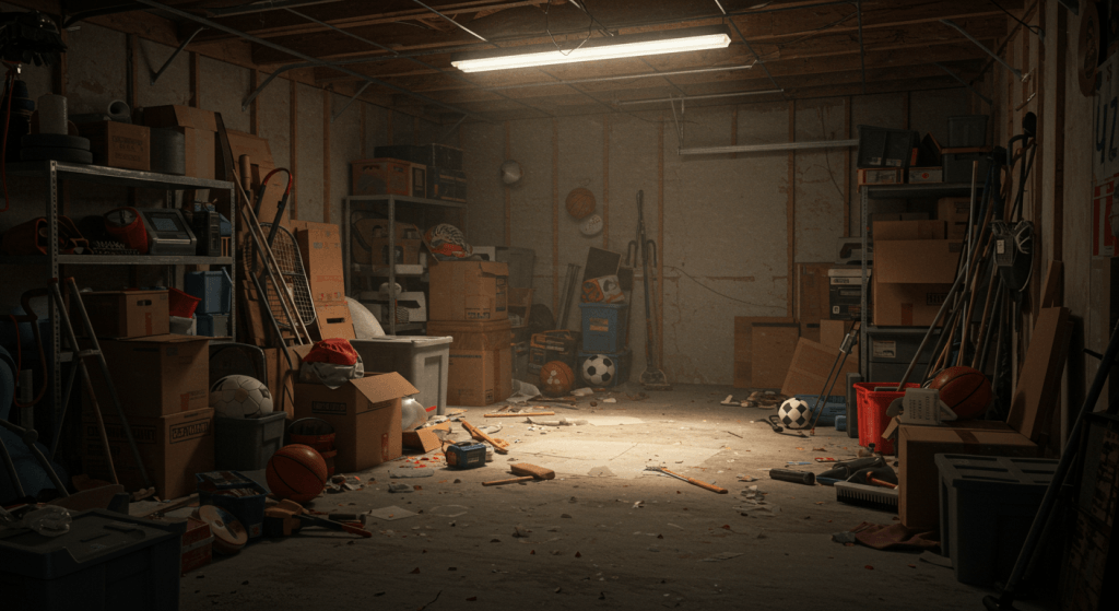 Cluttered garage symbolizing the hidden mental weight in a relationship