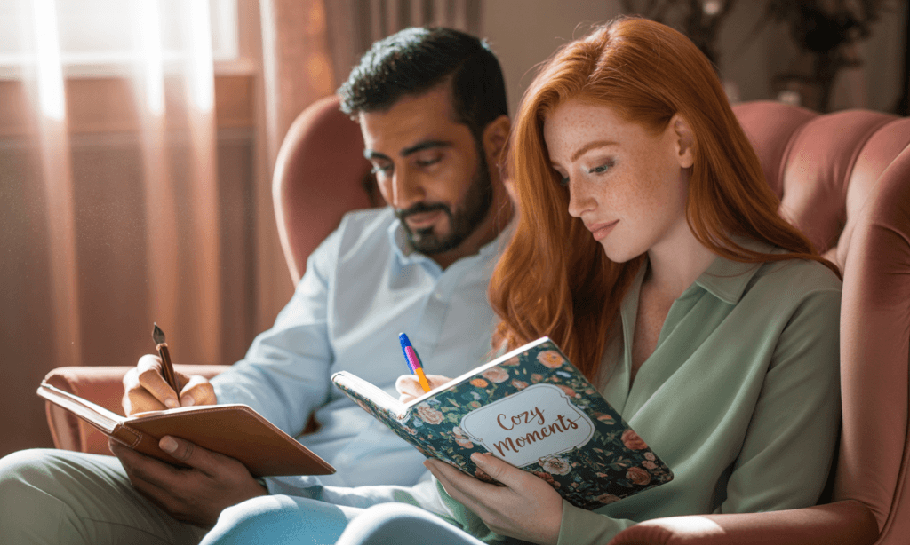 Husband and wife sitting with journals, reflecting and processing emotions together