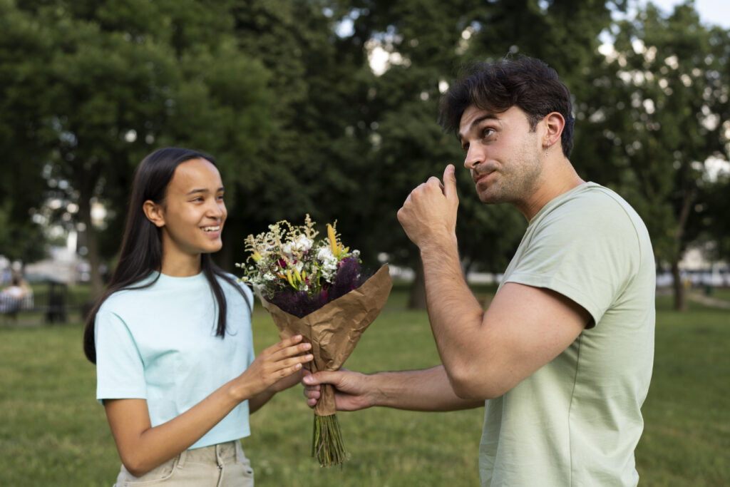 Spouse gifting flower during their weekly date night ritual