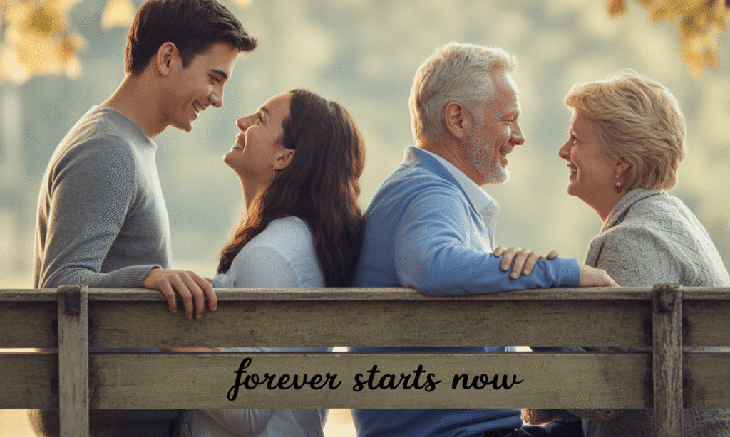 Infatuation vs love: A couple in a passionate gaze next to a married couple sharing a quiet moment”