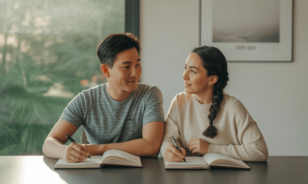 Married couple writing relational goals together, representing commitment and intentionality
