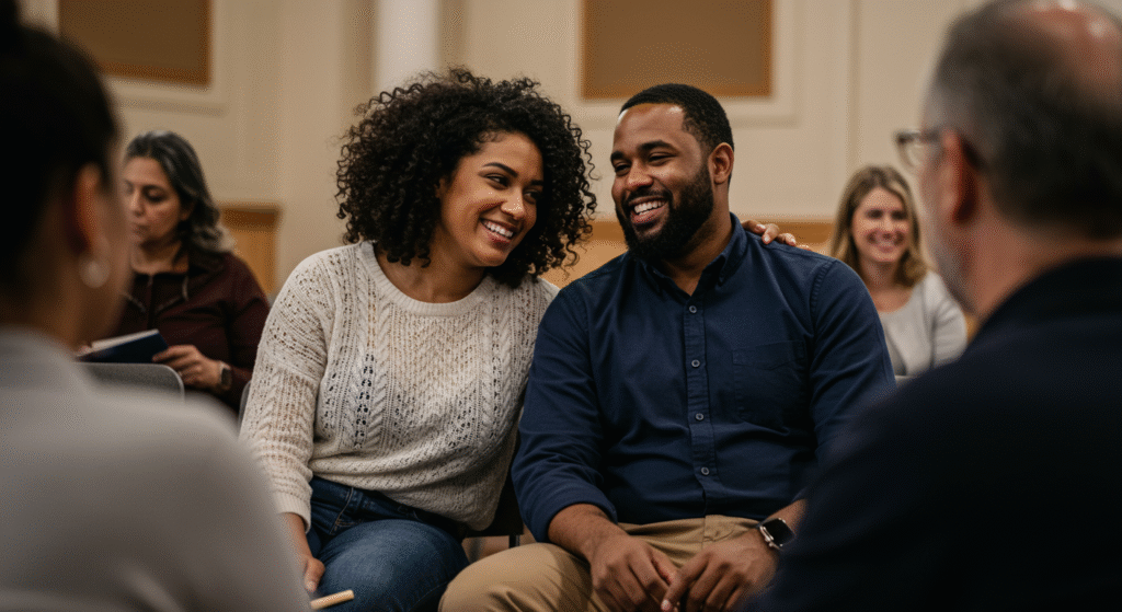Group of couples connecting at a church small group, building spiritual friendships