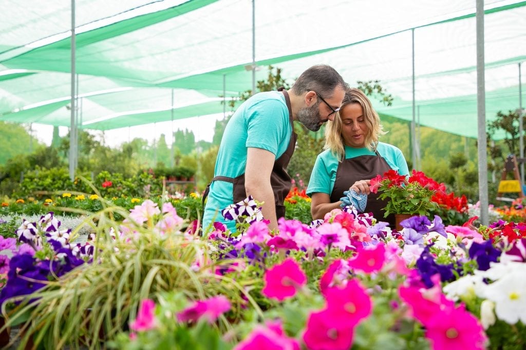 Husband and wife planting flowers together, representing nurturing their marriage
