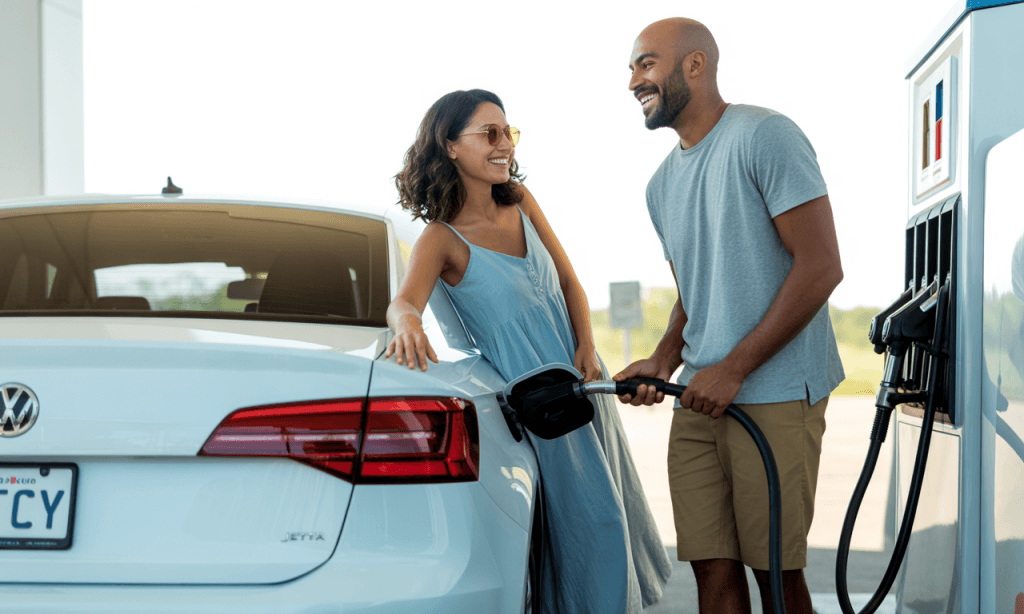 Married couple smiling at gas station, symbolizing intentional emotional refueling