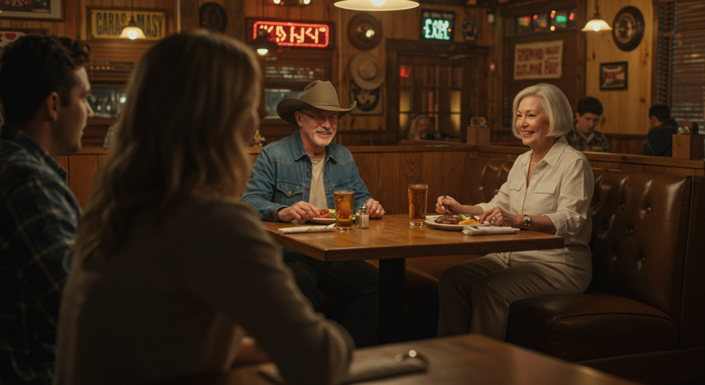 Young married couple admiring a wise, older couple during dinner, learning from their example
