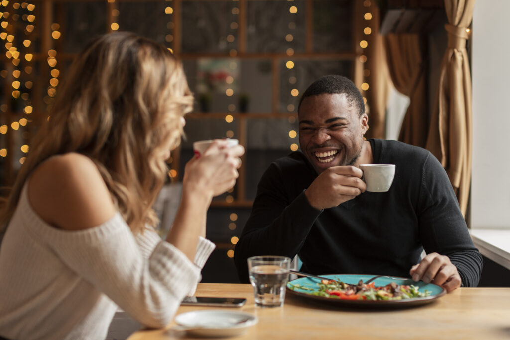 Married couple reconnecting over coffee during a simple, intentional date