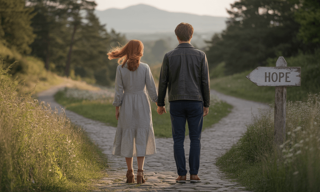 Married couple at a crossroads letting go of outdated commitments to choose a stronger path forward.