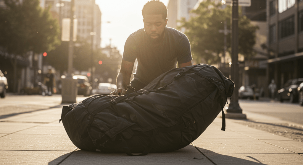Symbolic image of a person releasing a heavy backpack, representing emotional release