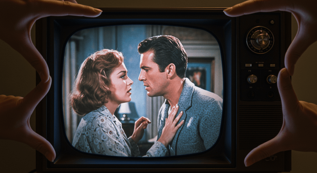 Cultural media in background while couple experiences real-life disconnection.