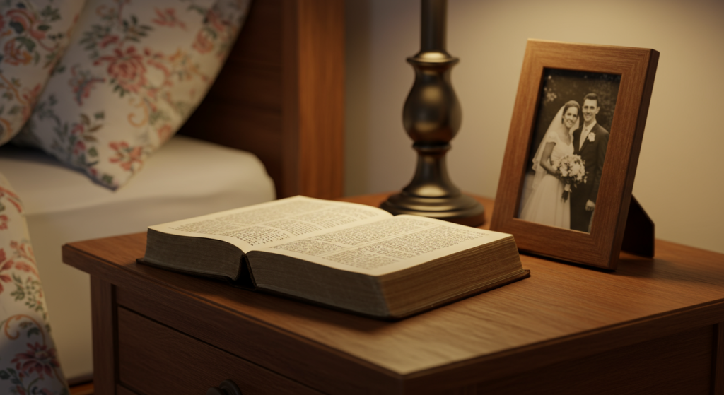 Bible next to a wedding photo, symbolizing spiritual growth within marriage