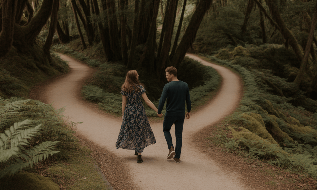 Couple walking hand in hand down a single forest path, symbolizing unity and aligned choices in marriage