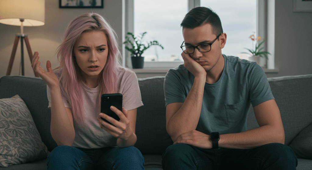 Emotional overflow online but spouse ignored, illustrating outsourcing intimacy to outside sources