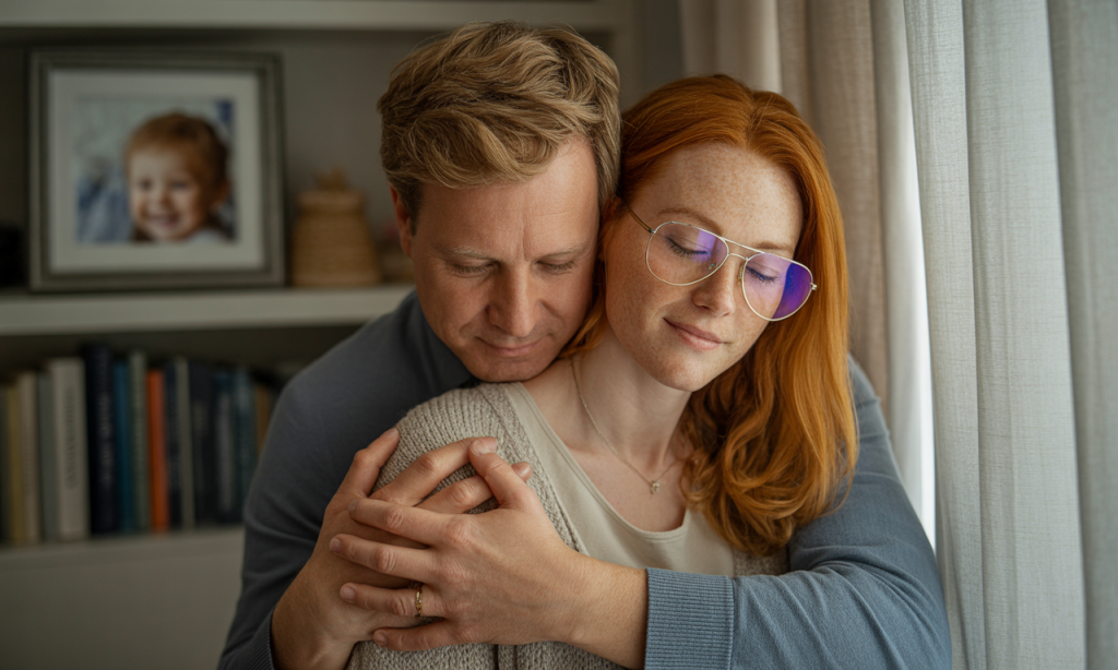 A spouse showing tenderness during an emotional conversation, symbolizing forgiveness.