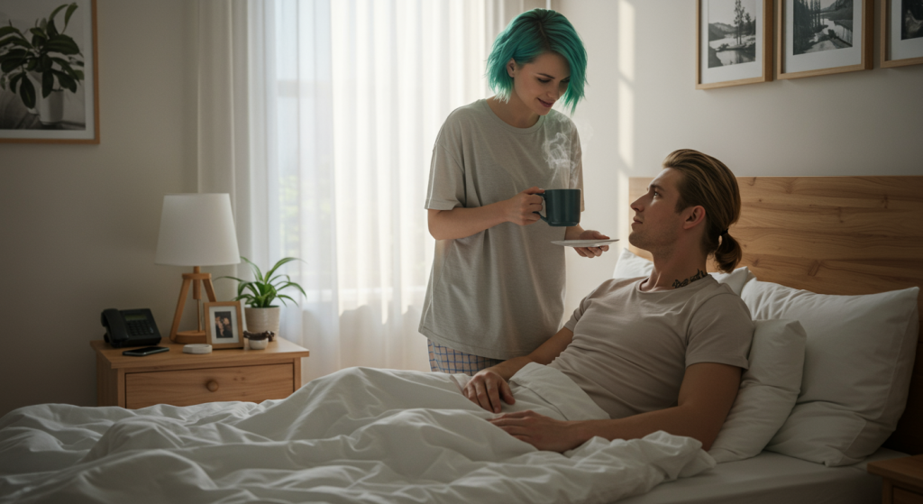 Loving spouse offering morning coffee, showing daily care through small actions