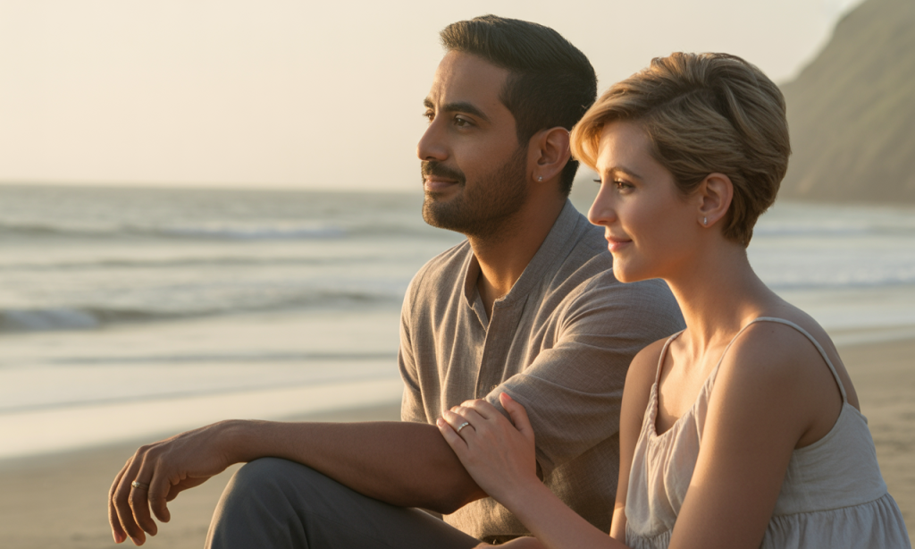 Married couple sitting together in support, symbolizing steady love through hard times.