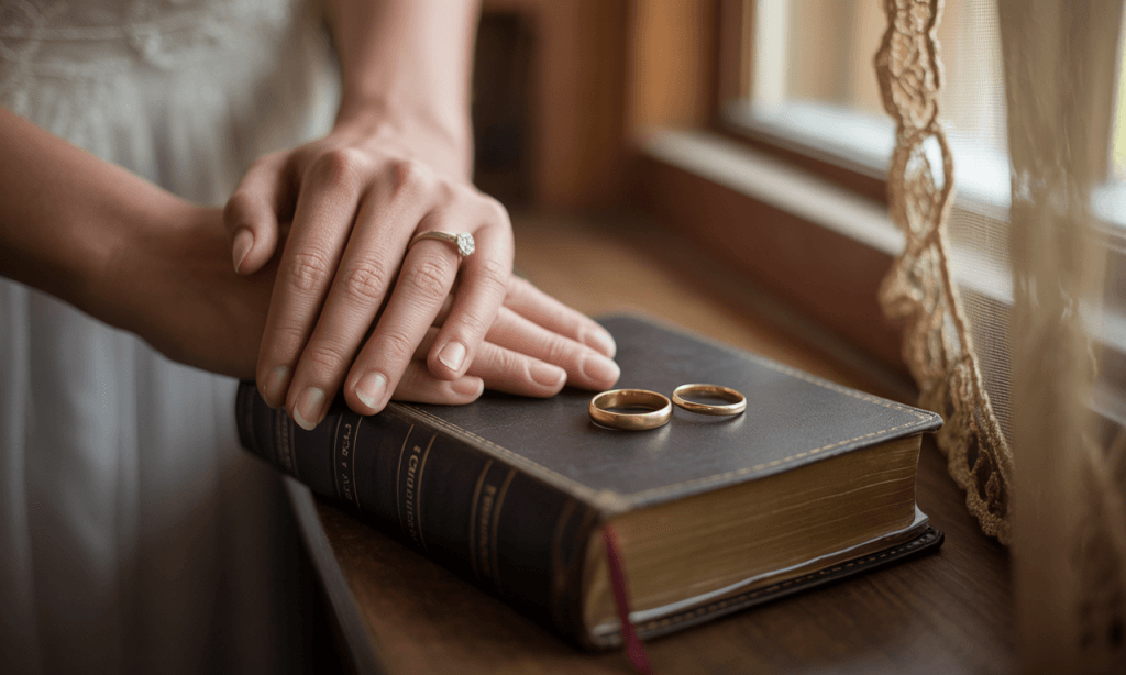 Bible and wedding rings symbolizing faith-based focus in marriage.