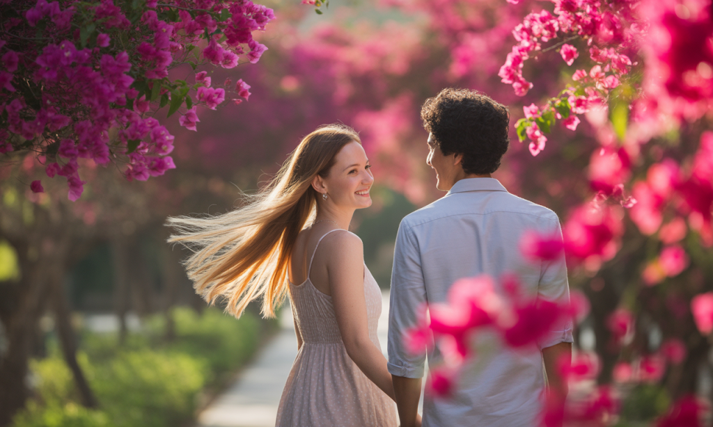 Married couple walking together through the seasons, symbolizing marriage growth through changing times.