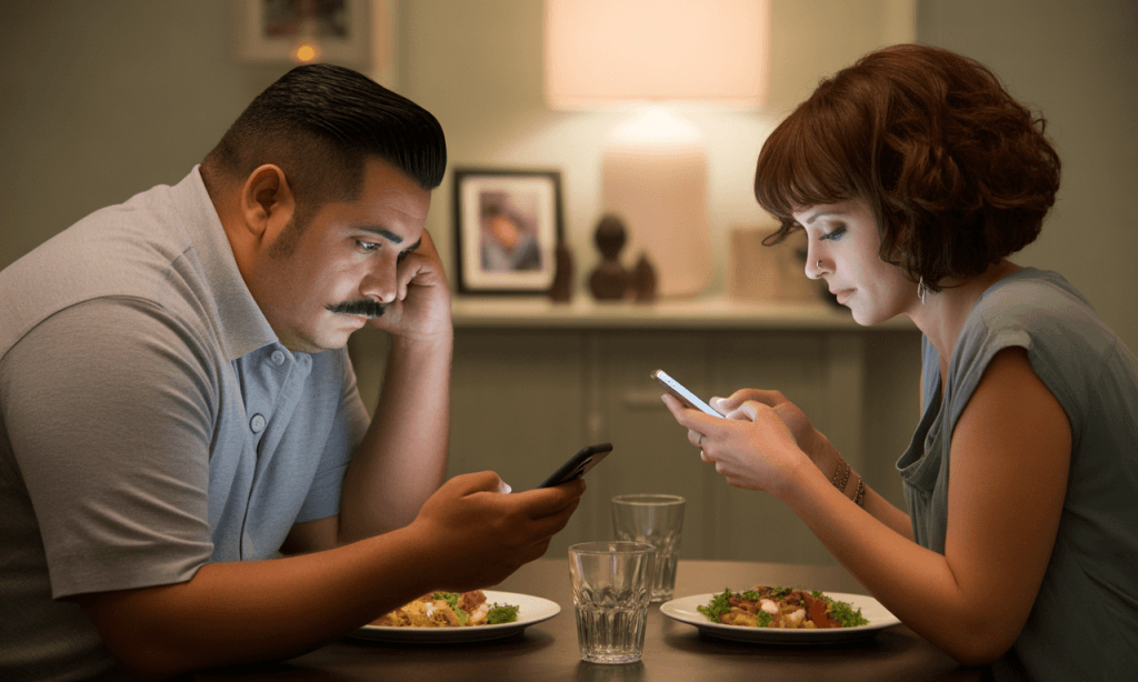 Emotionally distant couple stuck in survival mode, ignoring each other at dinner.