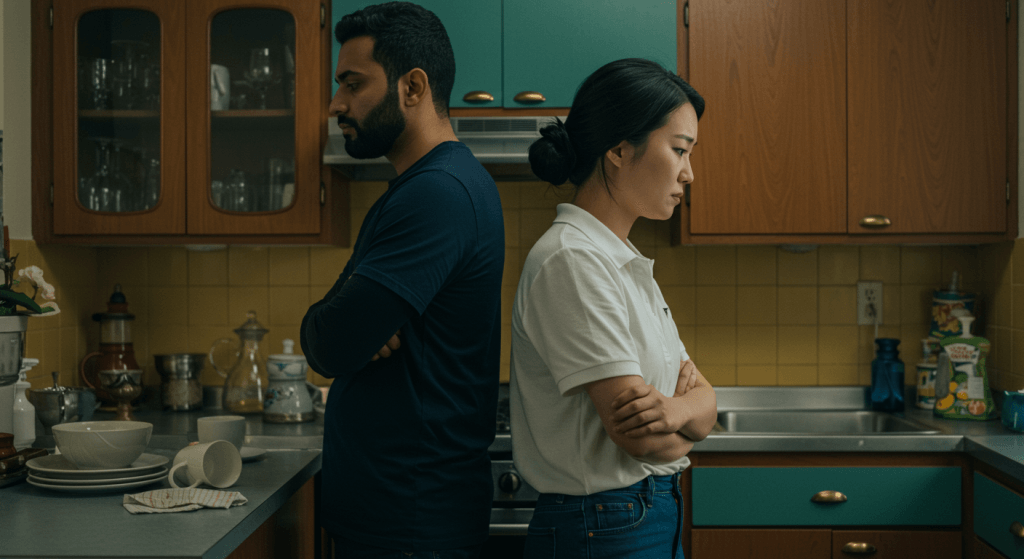 Couple in a messy kitchen showing stress and tension, representing urgency in daily married life.