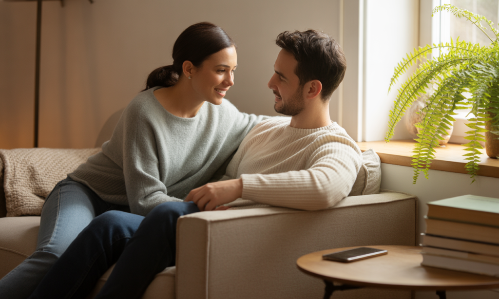 Partner setting aside distraction to engage fully, reflecting love and intentionality