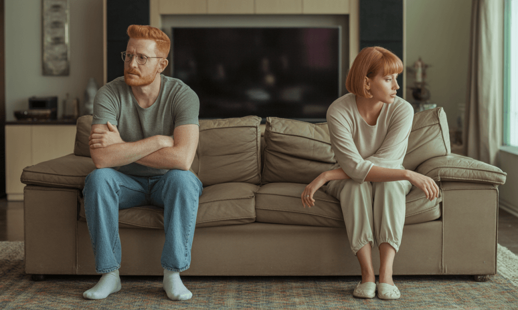 Married couple stuck in old story feeling disconnected.