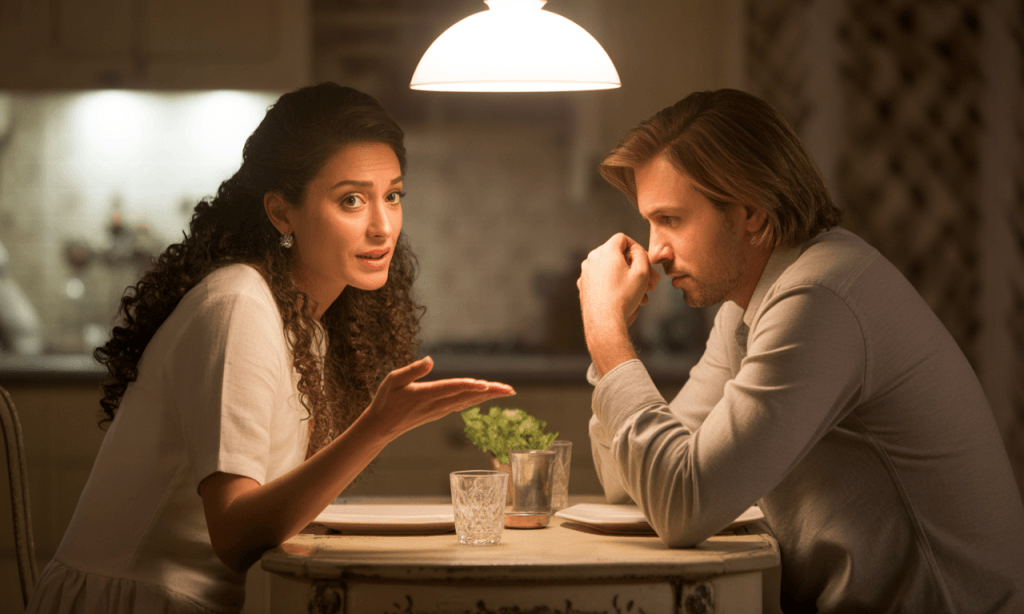 Woman looking down while man points finger during argument over dinner