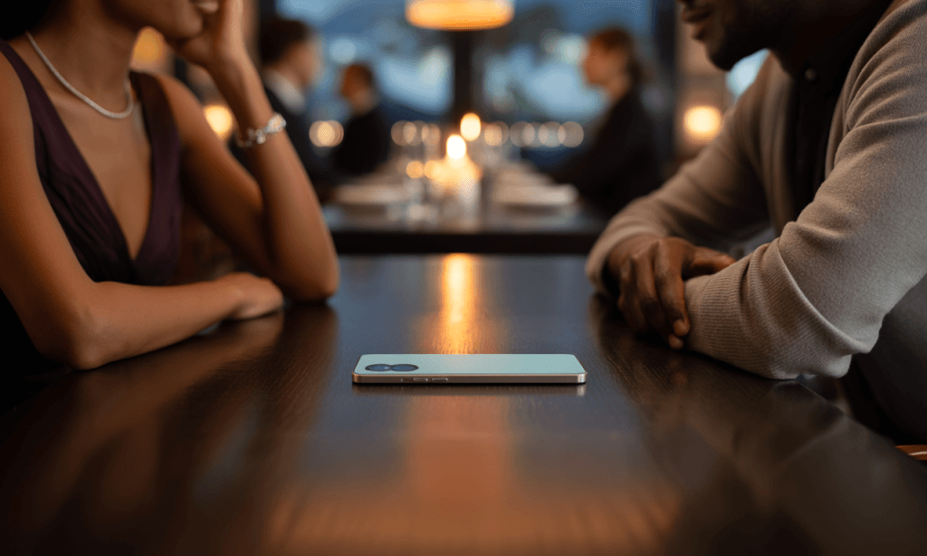 Phone on table causing distance between couple during romantic dinner.