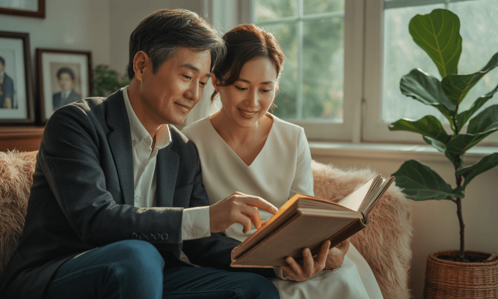 Couple revisiting wedding memories to strengthen commitment.