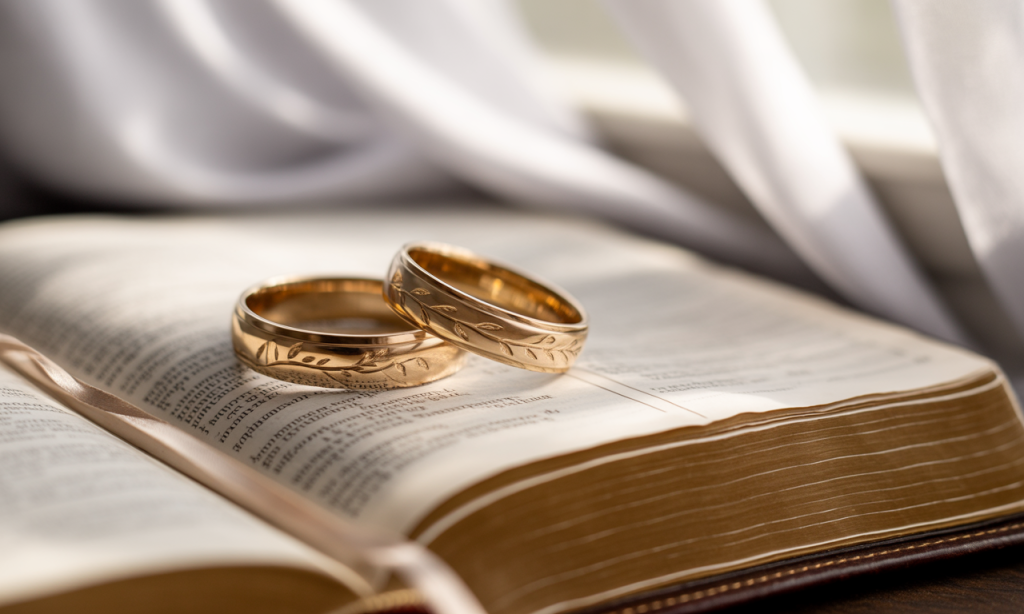 Wedding rings on Scripture, symbolizing unconditional and covenantal love