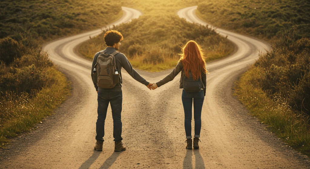 Couple choosing a difficult path together, representing the decision to stay and work through challenges.