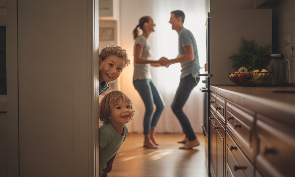 Kids observing their parents laugh together, learning how love looks in everyday life.