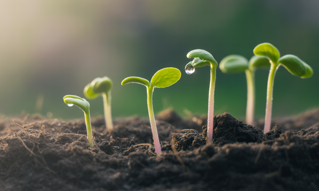 Seedlings growing in soil, representing slow but meaningful personal growth