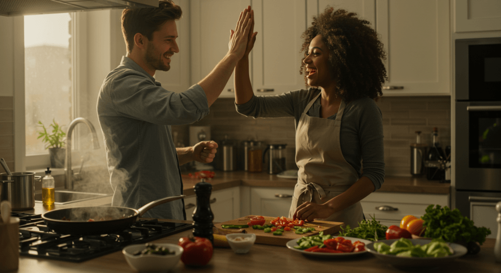 Spouses celebrating teamwork and effort, reinforcing joyful connection and mutual encouragement in marriage.