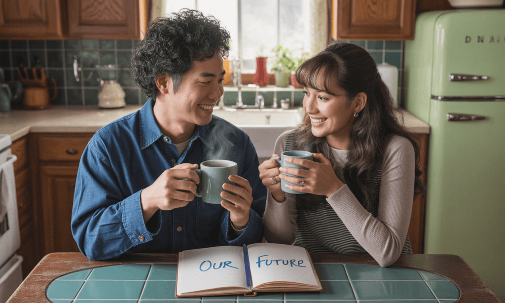Spouses talking over coffee, discussing their shared dreams and long-term goals.