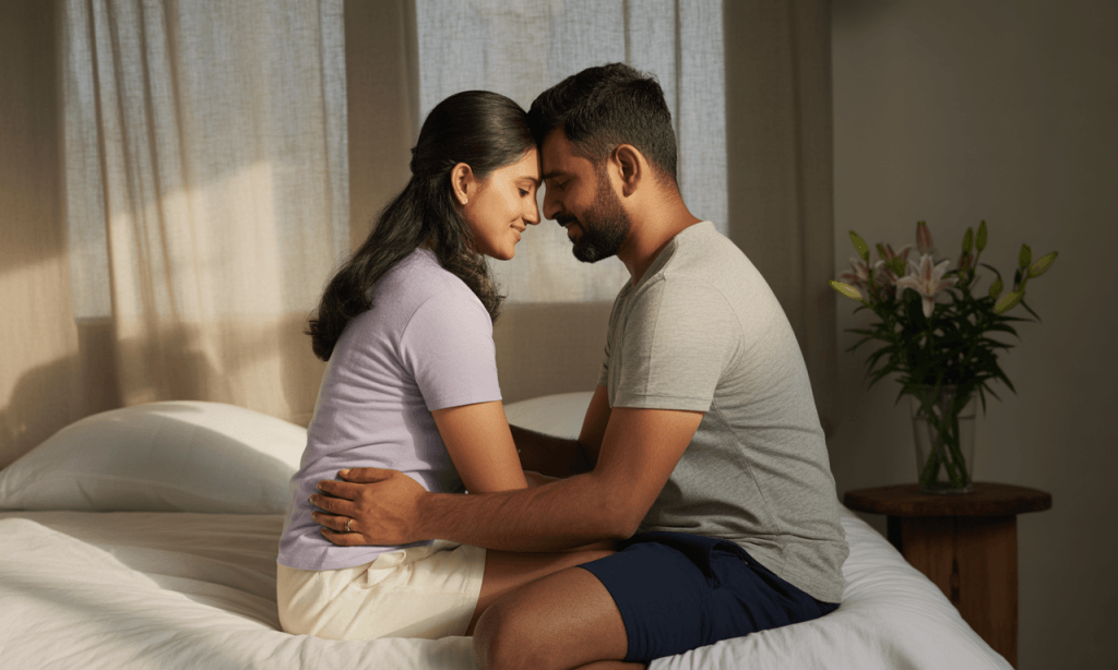 Married couple sharing a quiet moment of emotional safety and vulnerability.