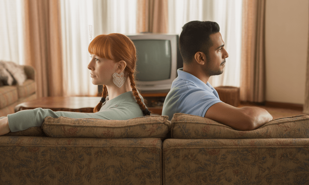 Emotionally distant couple silently disconnected on the couch