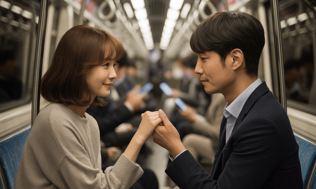 A couple staying connected while surrounded by distraction, highlighting how cultural norms don’t always support intimacy.