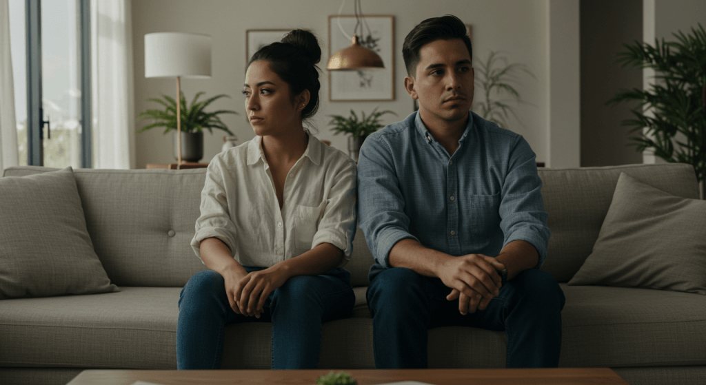 Emotionally distant couple sitting in silence on the couch