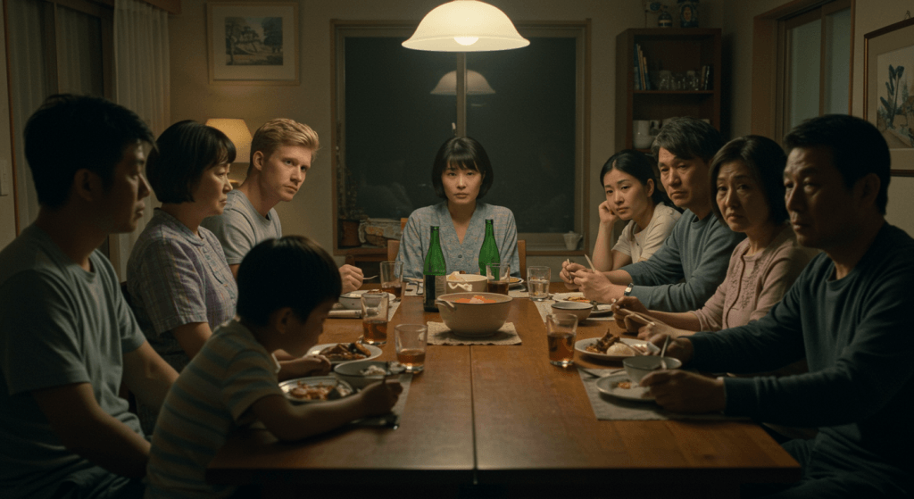 Family meal with subtle tension as disloyal comments about spouses are exchanged.