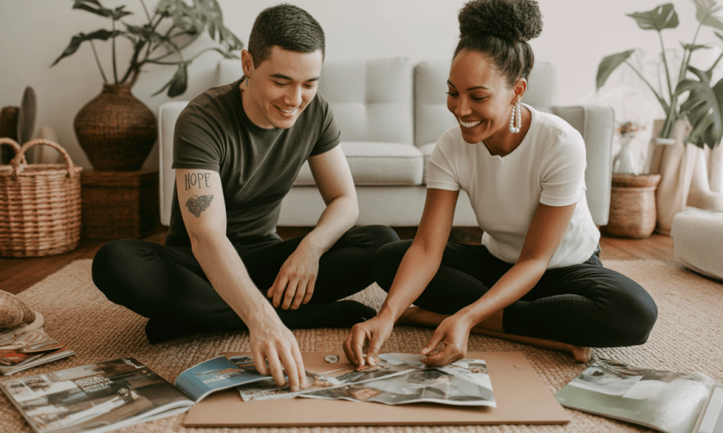 Married couple creating a shared vision board for their future.