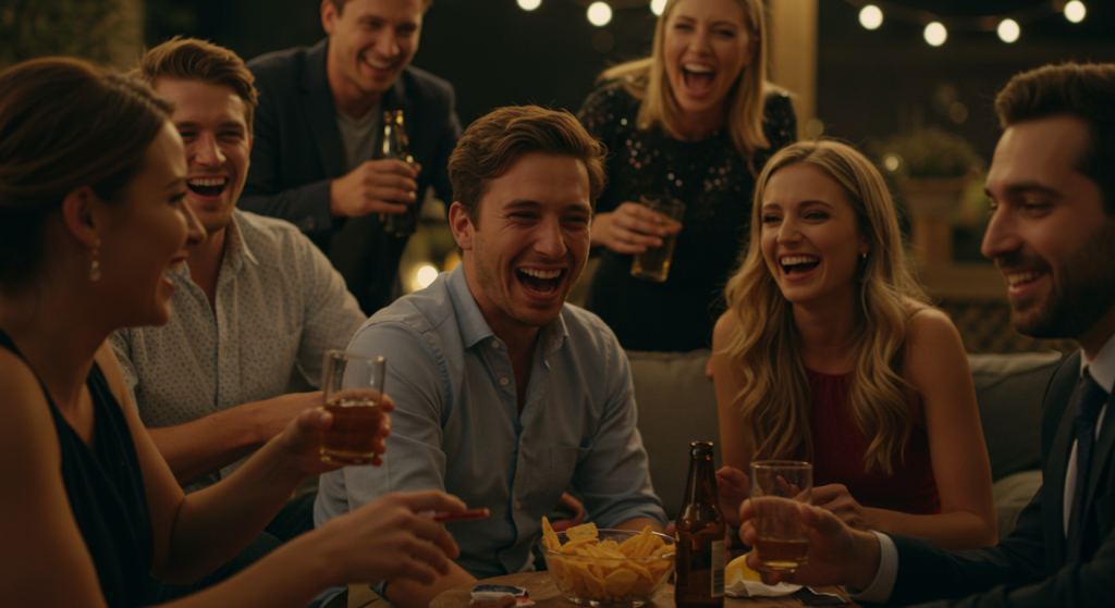 Individual at social gathering caught between peer pressure and personal commitment to their spouse.