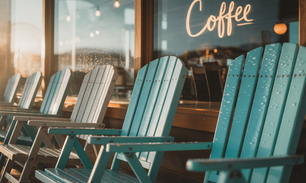Abandoned beach chairs under cloudy skies, next to a bustling café symbolizing adaptability.